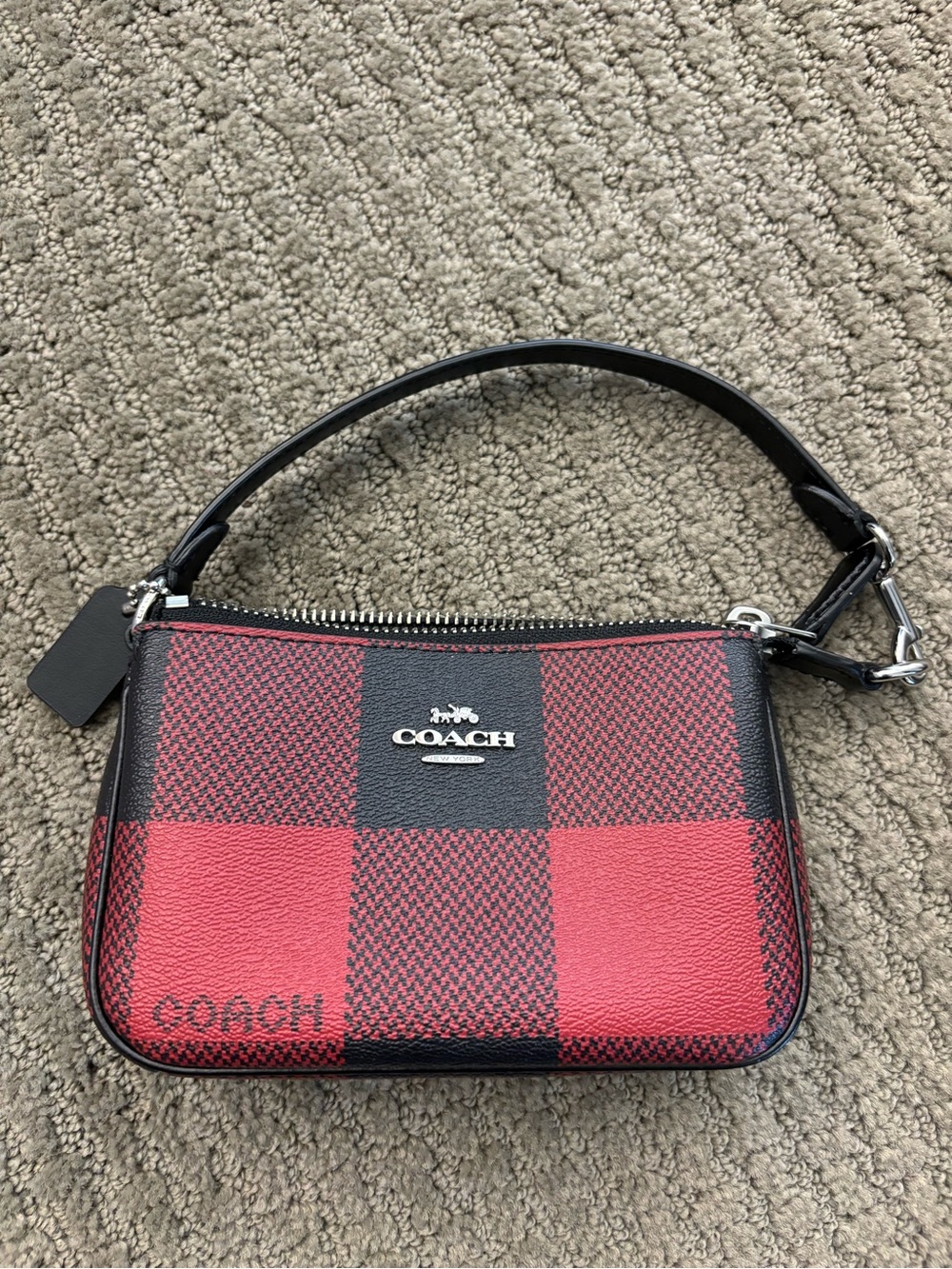 Coach Red and Black Plaid Leather Wristlet Clutch